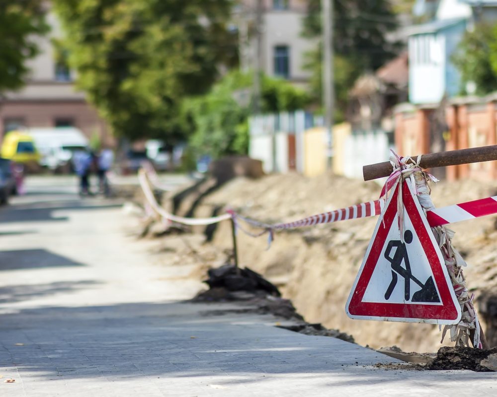 Construction roadwork on street in city